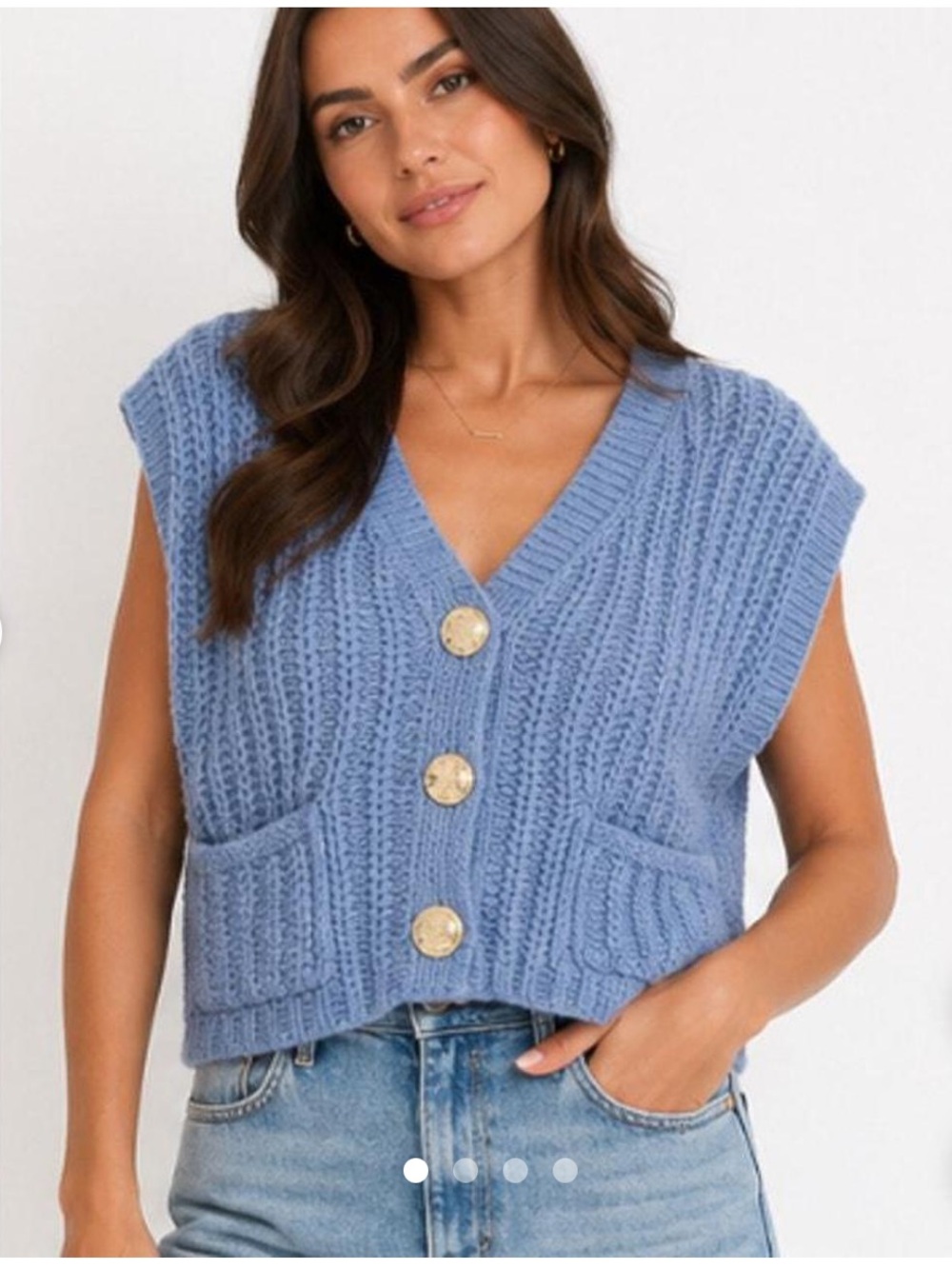 Light Blue Chunky Knit Gold Button-Front Sweater Vest